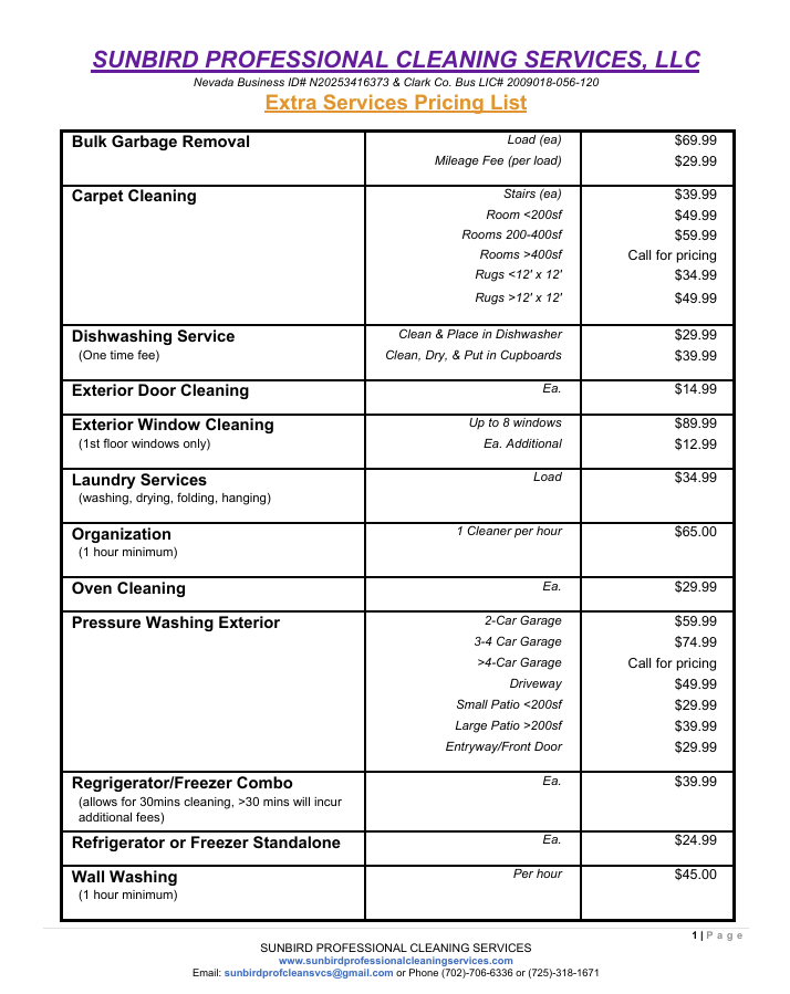 Pricing List